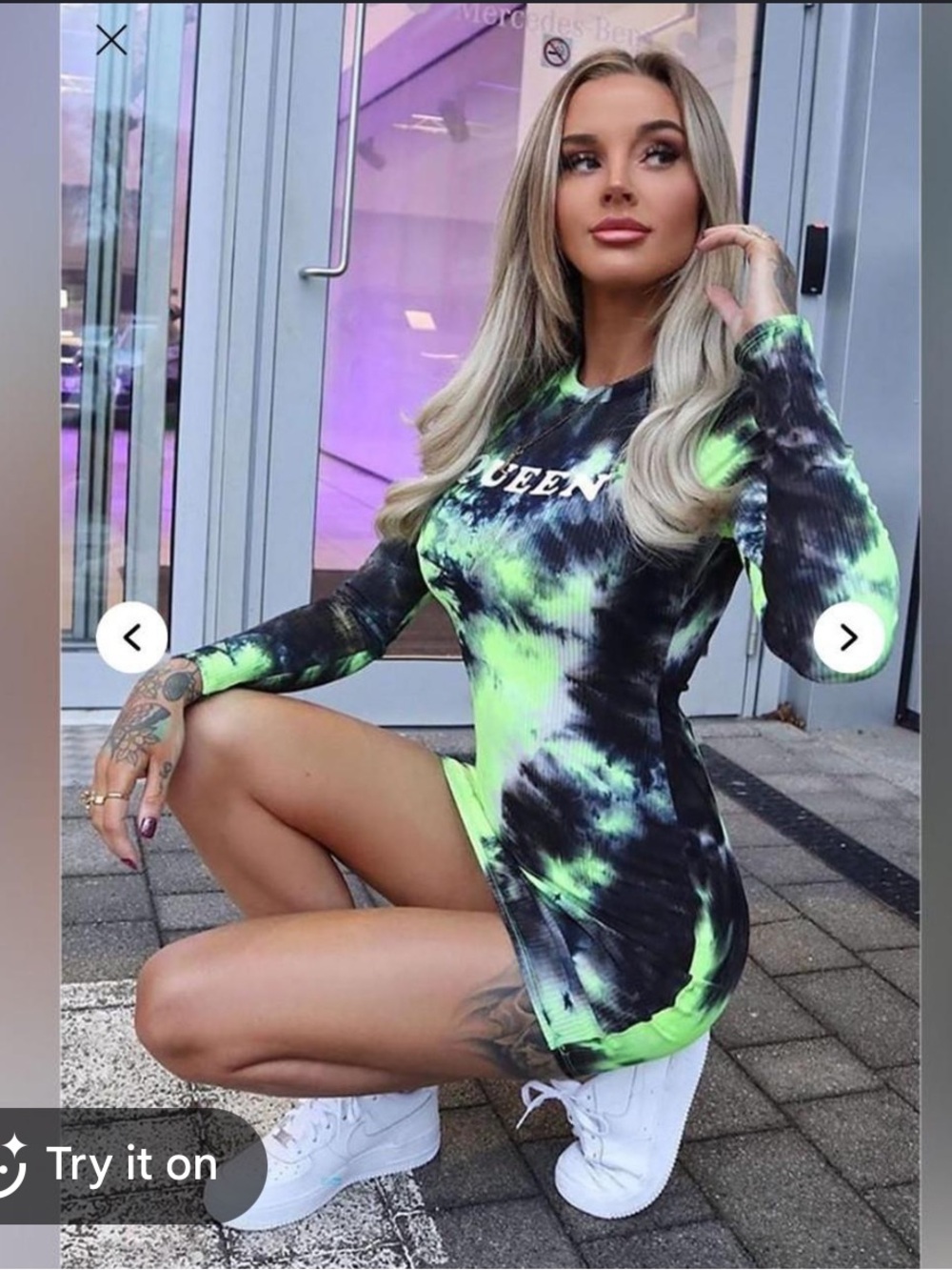 ✨Fashion Nova✨ QUEEN Neon Green/Black Tie-Dye Long Sleeve Mini Dress